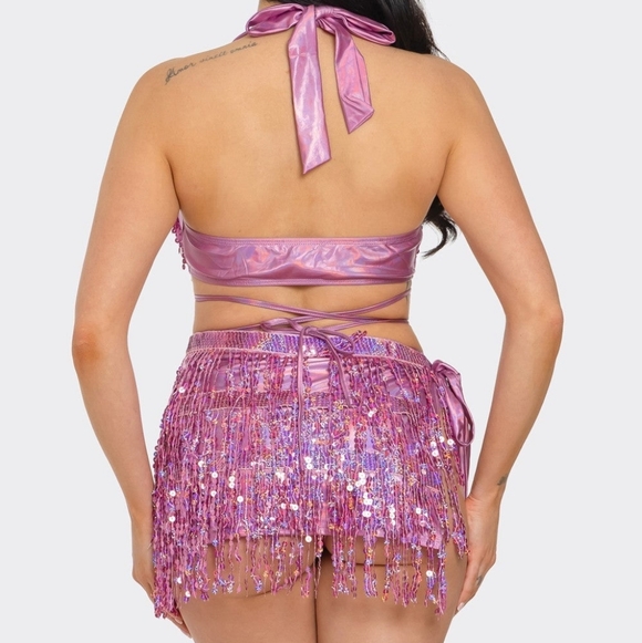 NEW NWT PINK Sequin Bikini Top And Fringe Bottom Festival Set - Picture 2 of 2